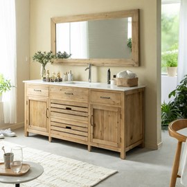 Meuble sous vasque pin et marbre blanc