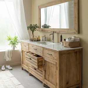 Meuble sous vasque pin et marbre blanc