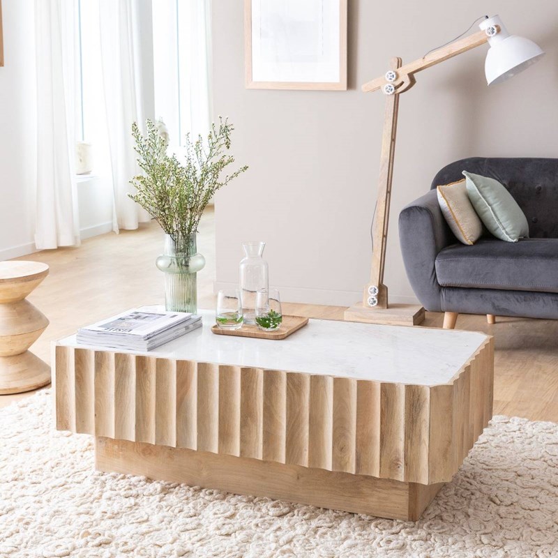 Table basse bois de manguier et marbre