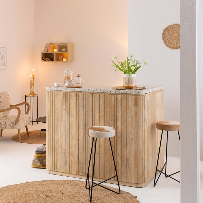 Meuble bar en angle bois et terrazzo