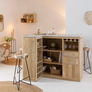 Meuble bar en angle bois et terrazzo