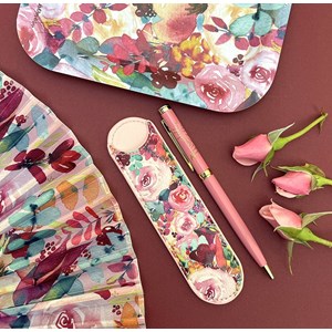 Stylo bille & étui floral rose
