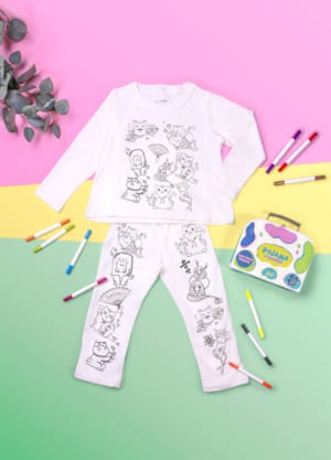 Pyjama à Colorier Noël Pour Fille - 2 Pièces Manches Longues Col Rond - En Coton Doux | DIY, Personnalisable, Activité Créative En Famille