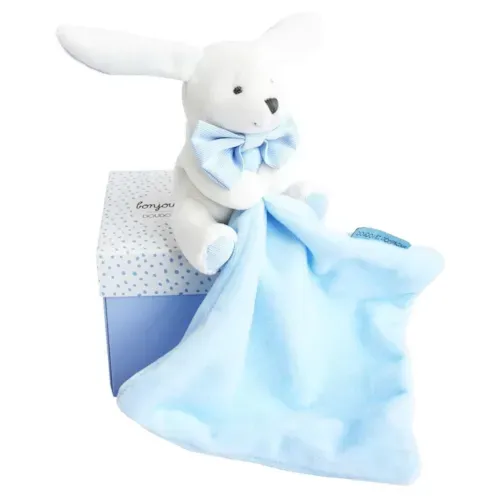 Mù - Doudou lapin mouchoir bleu boite fleur