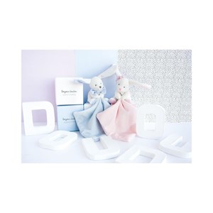 Doudou lapin mouchoir bleu boite fleur
