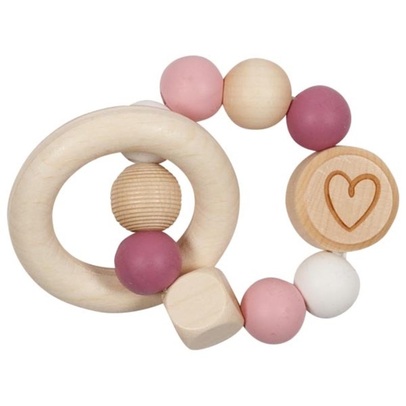 Hochet en bois et silicone cœur rose