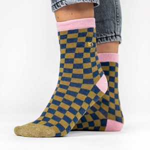 Chaussettes carreaux kaki et bleu