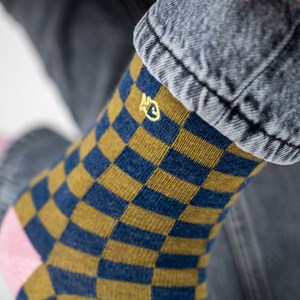 Chaussettes carreaux kaki et bleu