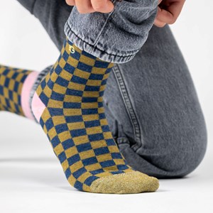 Chaussettes carreaux kaki et bleu