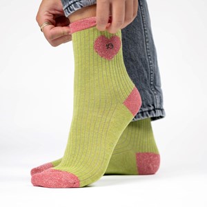 Chaussettes coeur vert olive et rose