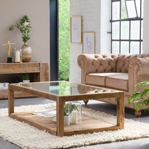 Table basse en bois recyclé et verre